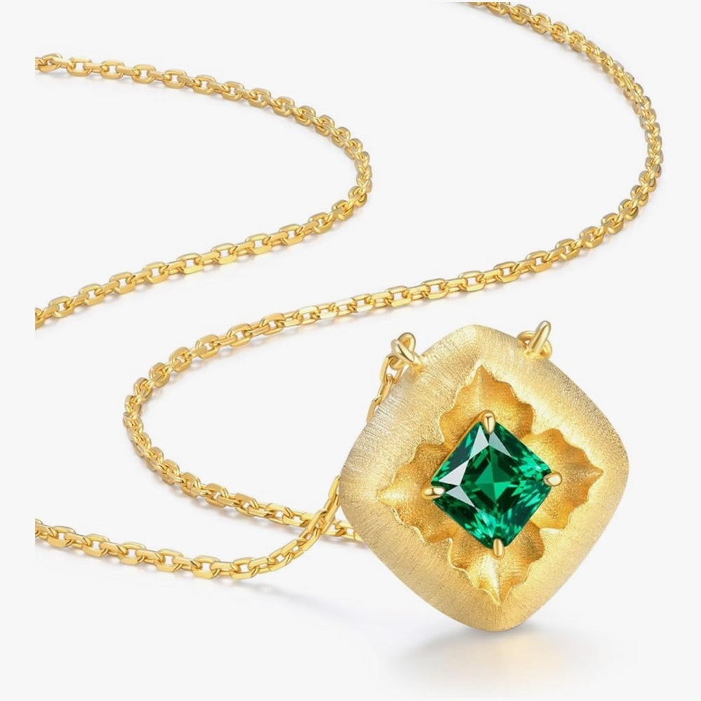 14K Brushed Gold Clover Lab-Grown Emerald Pendant Necklace